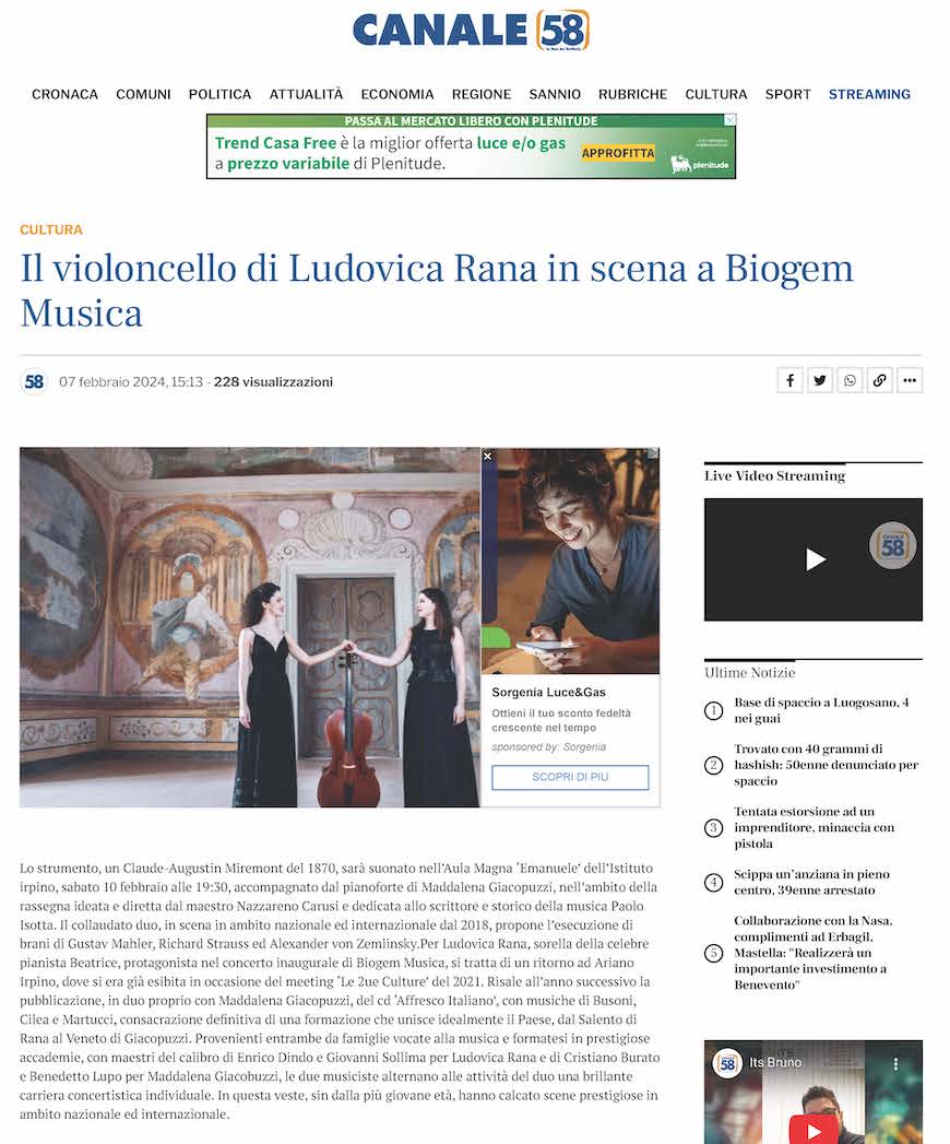 Il violoncello di Ludovica Rana in scena a Biogem Musica